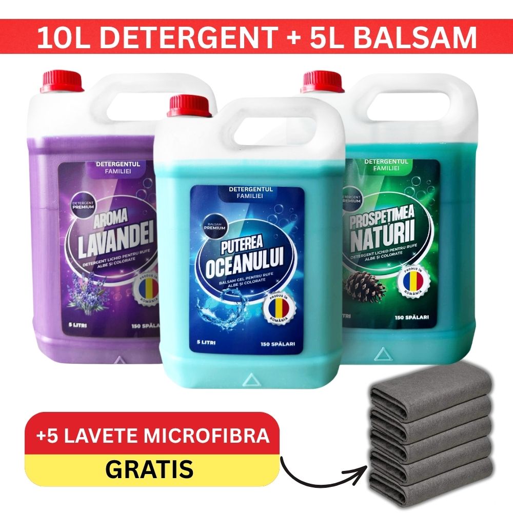 Pachet Complet 10L Detergent + 5L Balsam + 5 Lavete Magice GRATIS